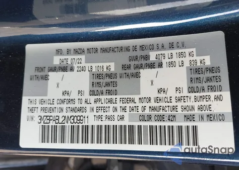 2022 Mazda Mazda3 Select из США, поврежденный, VIN 3MZBPABL2NM309911